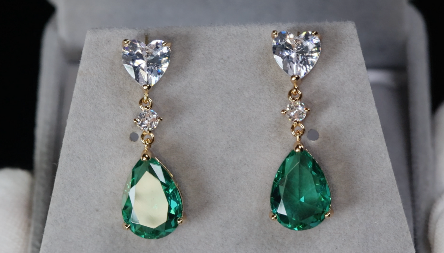 Gold Green Pear Cut Diamond Earrings