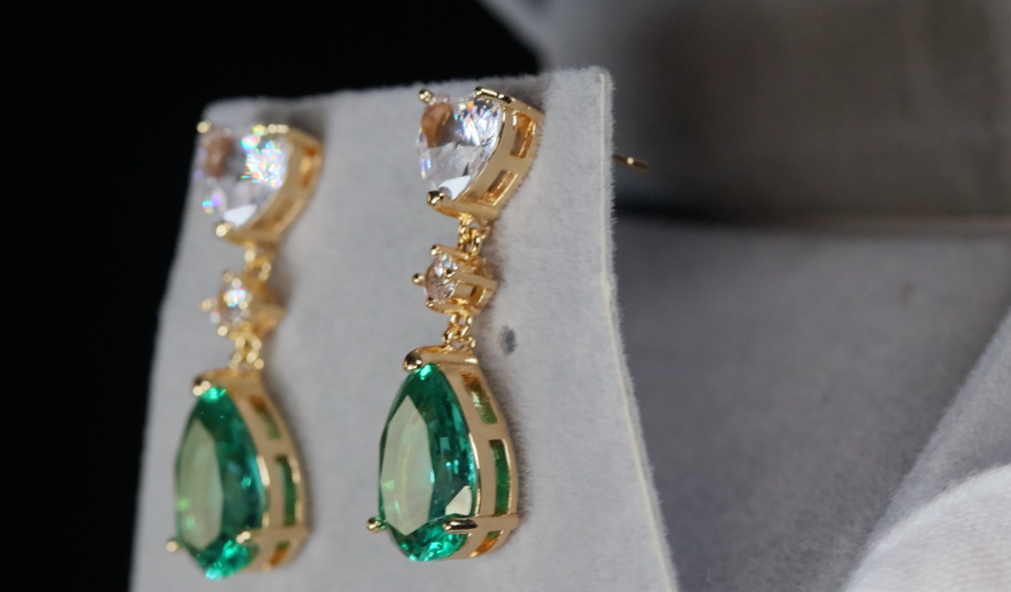 Gold Green Pear Cut Diamond Earrings