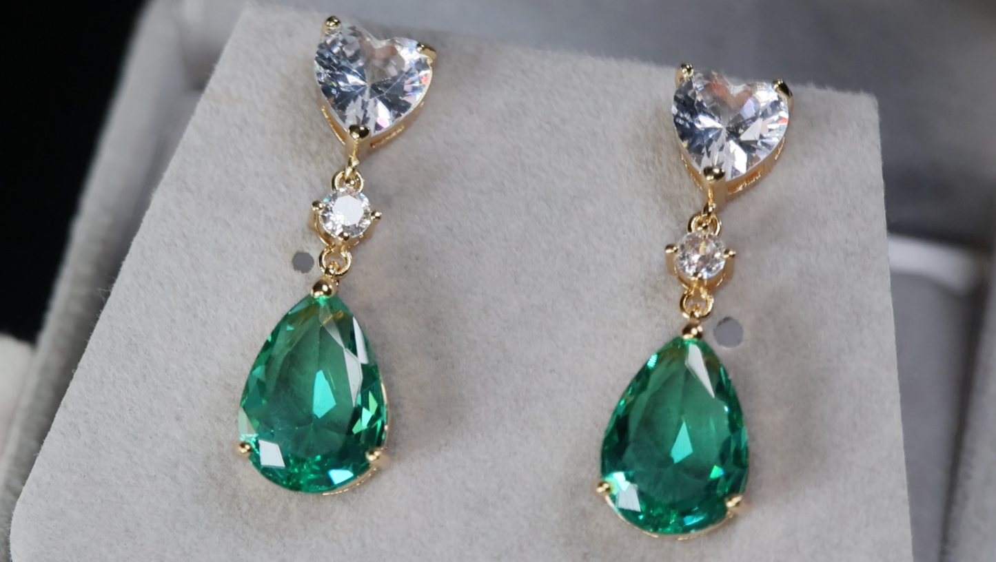 Gold Green Pear Cut Diamond Earrings
