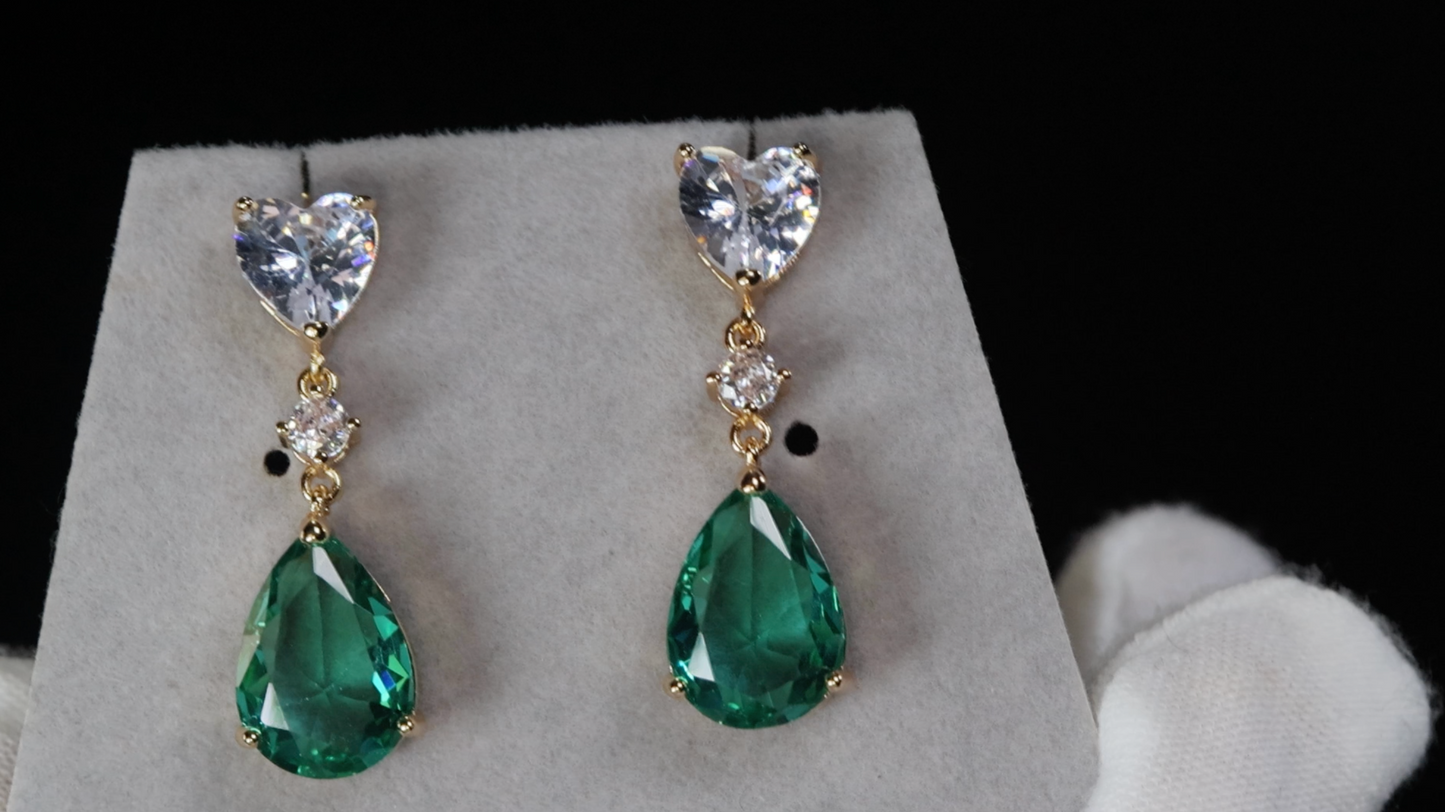 Gold Green Pear Cut Diamond Earrings