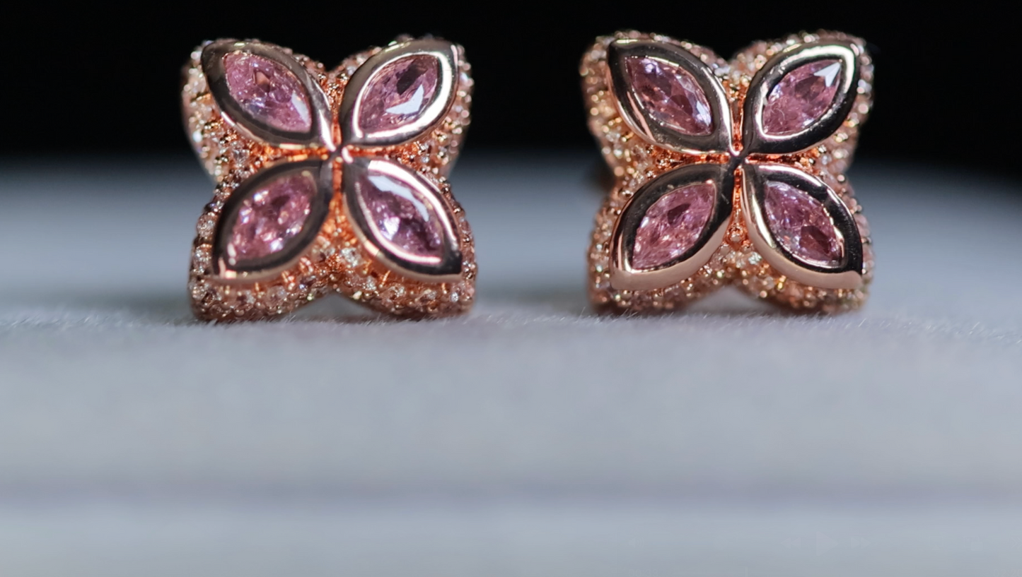 Rose Gold Pink Diamond Clover Ear Studs