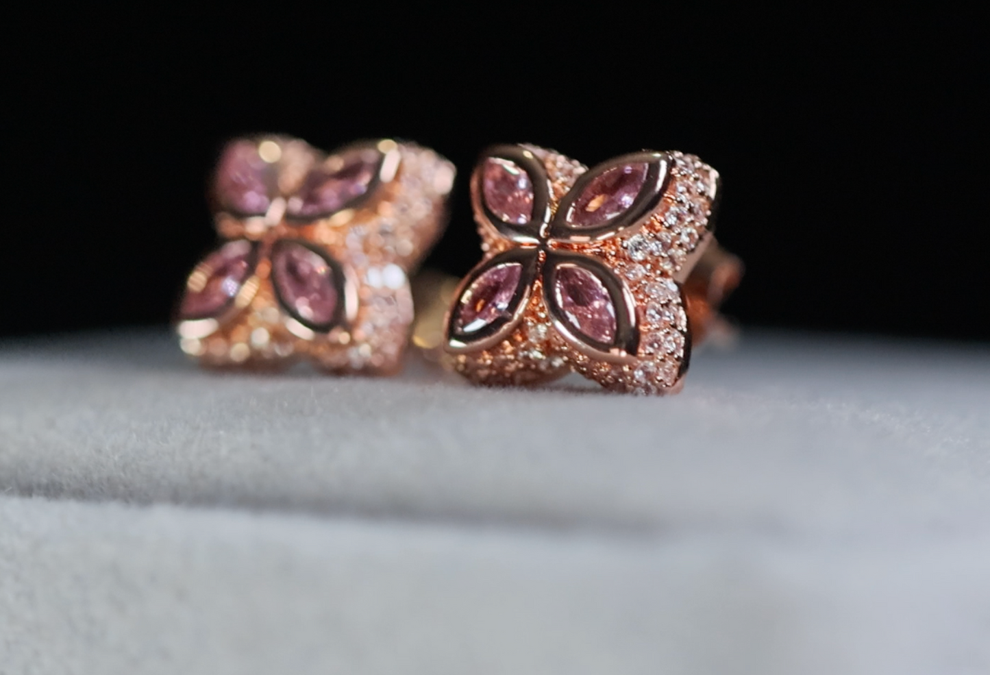 Rose Gold Pink Diamond Clover Ear Studs