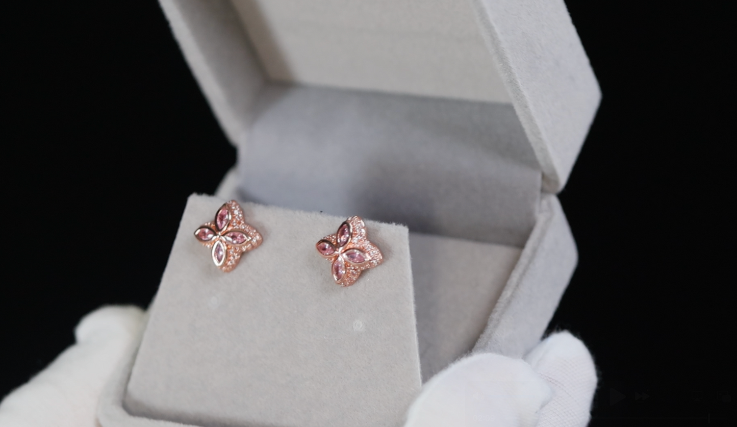 Rose Gold Pink Diamond Clover Ear Studs