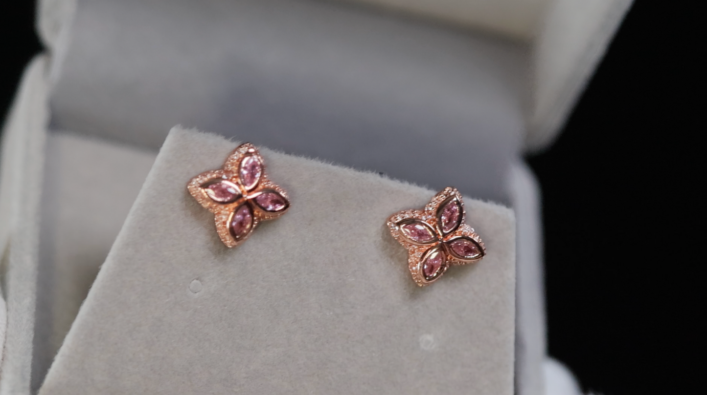 Rose Gold Pink Diamond Clover Ear Studs