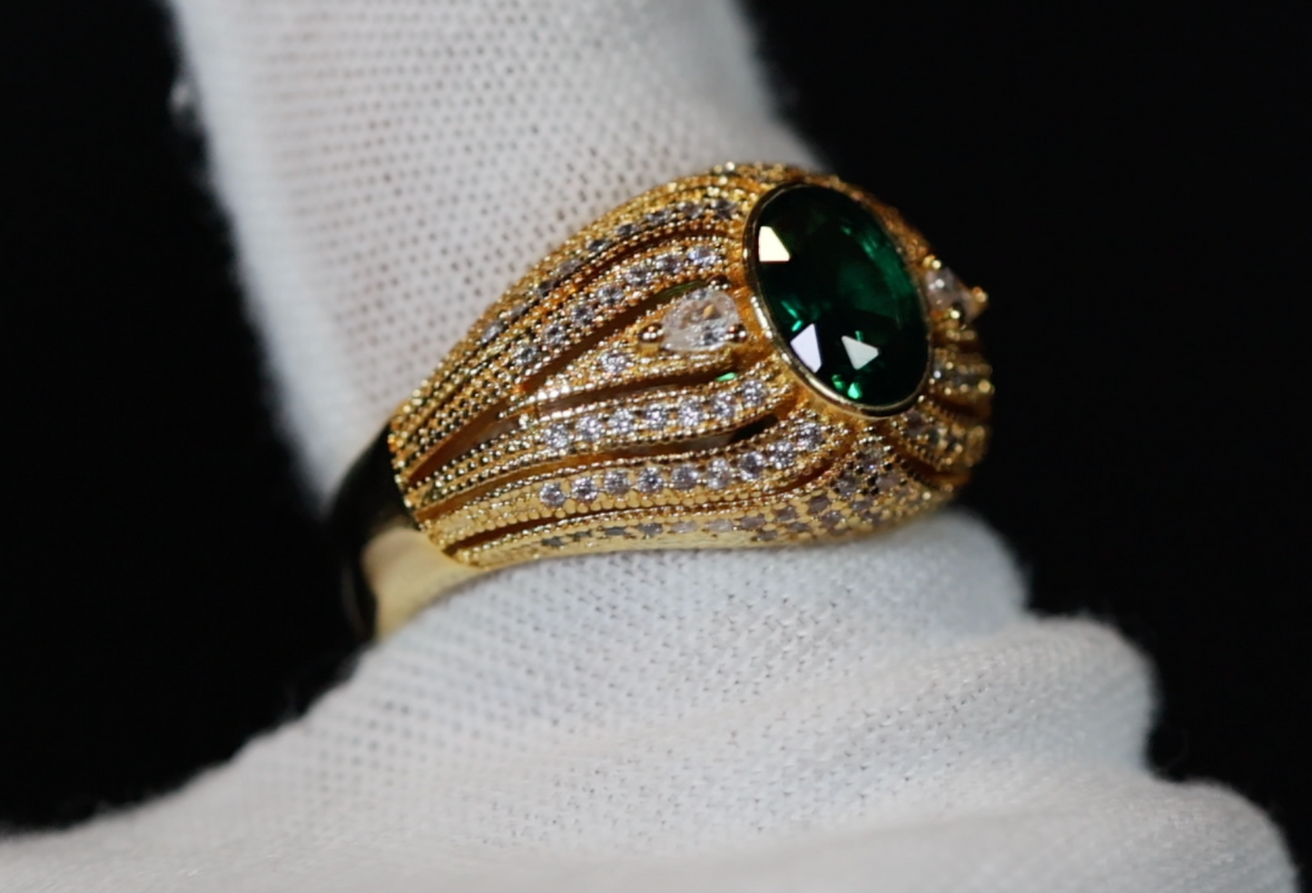 Womens gold green emerald ring, gold green diamond ring, Emerald green diamond ring