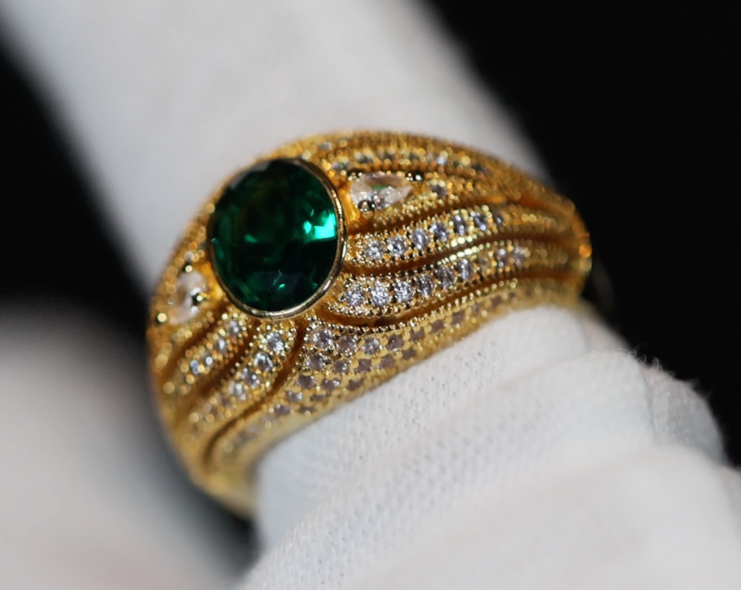 Womens gold green emerald ring, gold green diamond ring, Emerald green diamond ring