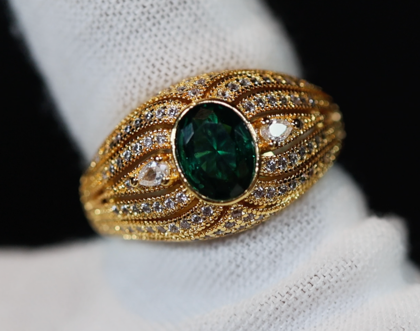 Womens gold green emerald ring, gold green diamond ring, Emerald green diamond ring