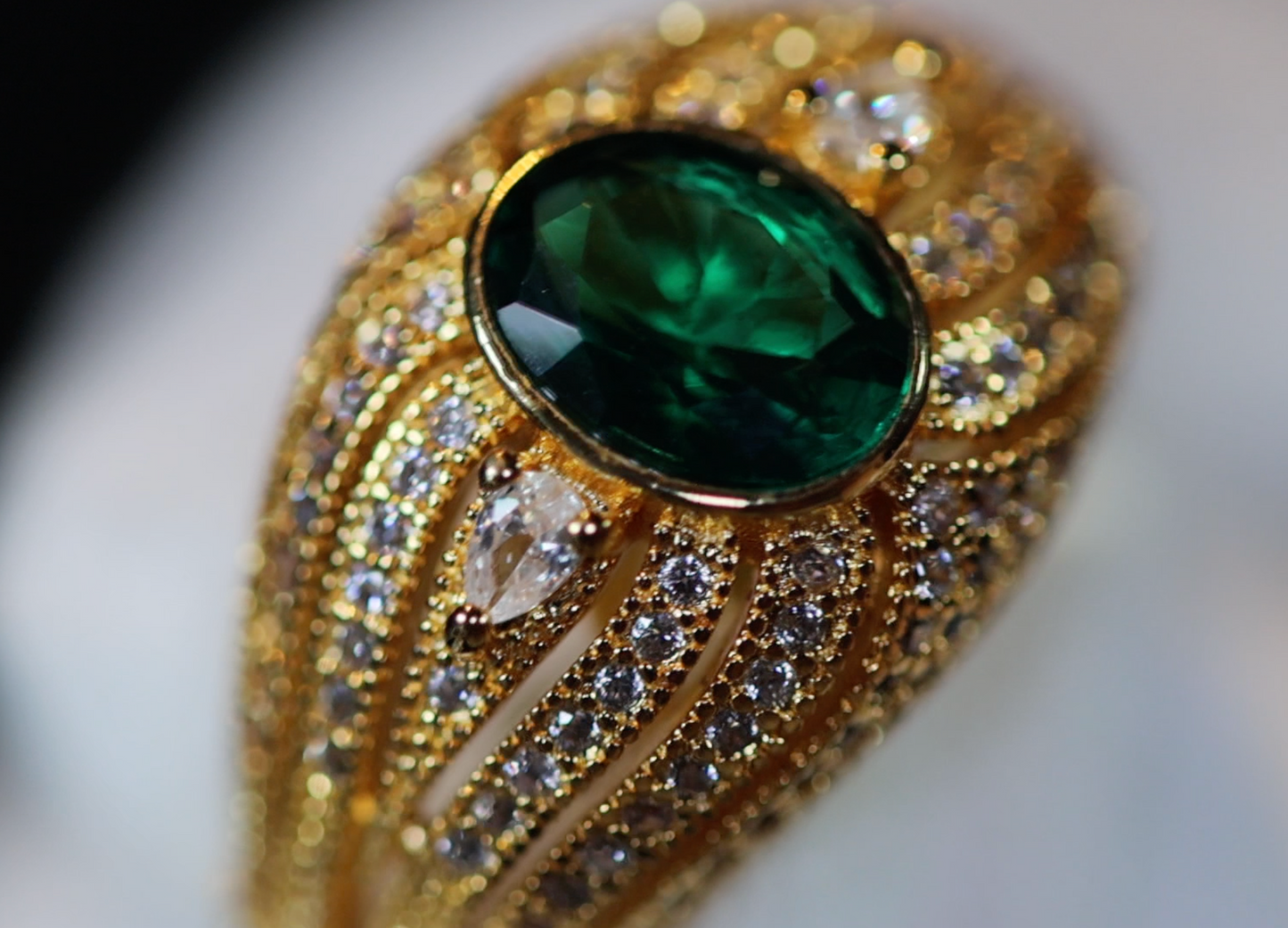 Womens gold green emerald ring, gold green diamond ring, Emerald green diamond ring