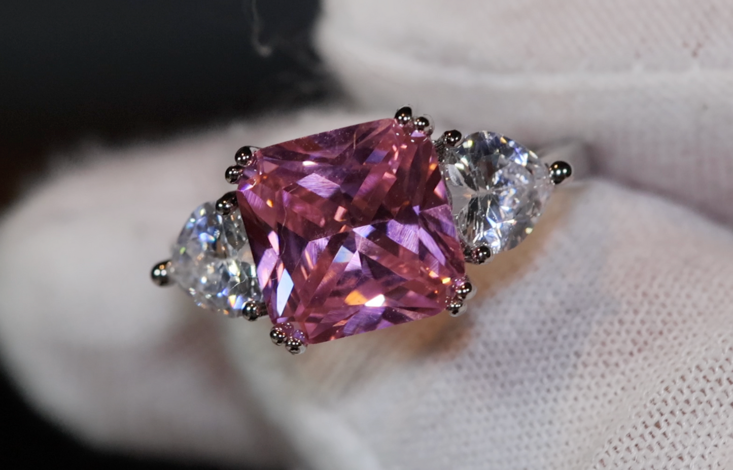 Three Stone Ring | Pink Diamond Ring | Womens Engagement Ring | Engagement Rings | Womens Rings | Emerald Engagement Ring