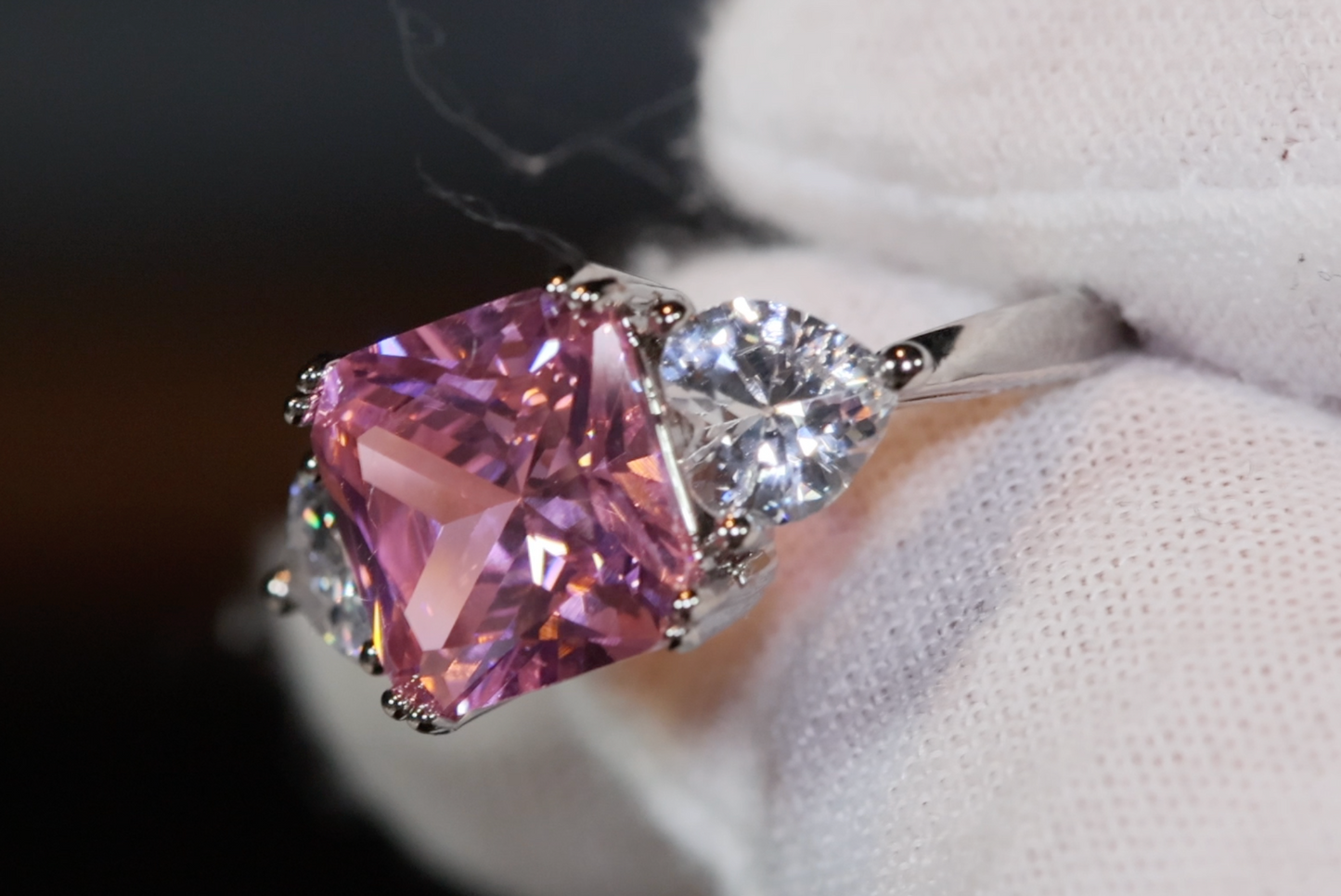 Three Stone Ring | Pink Diamond Ring | Womens Engagement Ring | Engagement Rings | Womens Rings | Emerald Engagement Ring