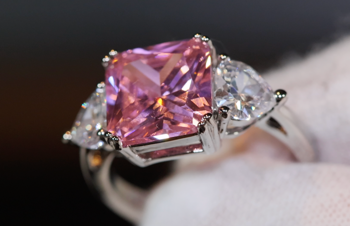 Three Stone Ring | Pink Diamond Ring | Womens Engagement Ring | Engagement Rings | Womens Rings | Emerald Engagement Ring