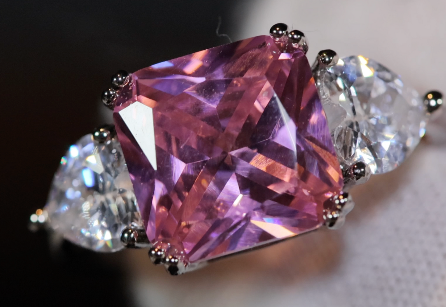 Three Stone Ring | Pink Diamond Ring | Womens Engagement Ring | Engagement Rings | Womens Rings | Emerald Engagement Ring