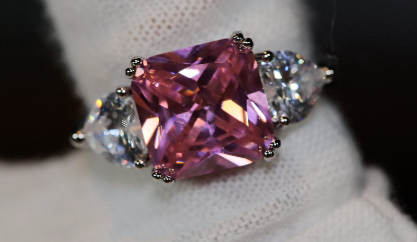Three Stone Ring | Pink Diamond Ring | Womens Engagement Ring | Engagement Rings | Womens Rings | Emerald Engagement Ring