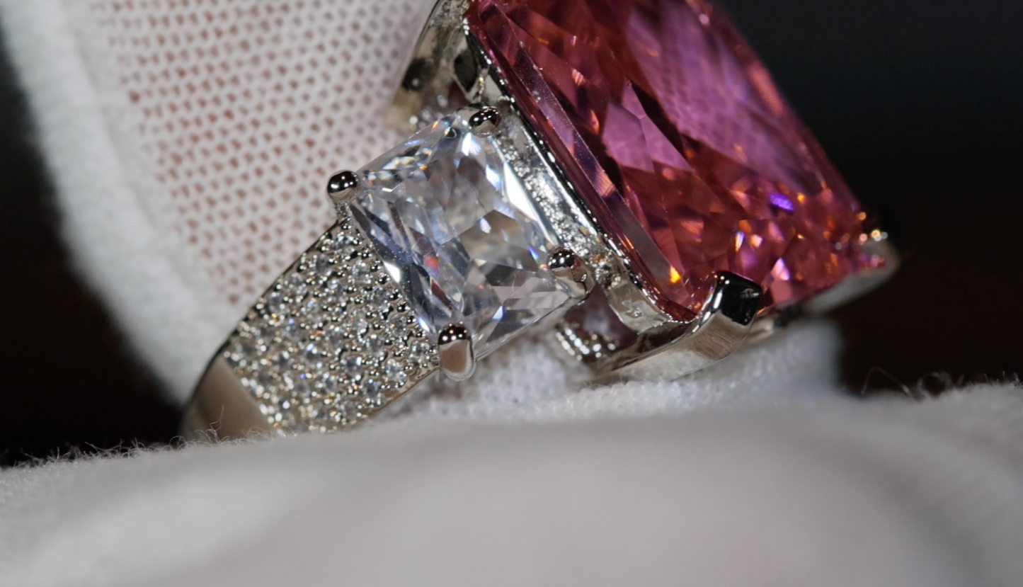 Three Stone Ring | Pink Diamond Ring | Womens Engagement Ring | Big pink diamond ring