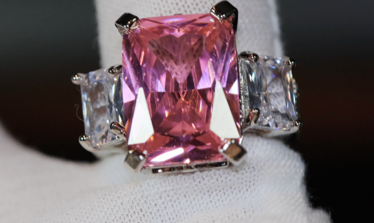 Three Stone Ring | Pink Diamond Ring | Womens Engagement Ring | Big pink diamond ring