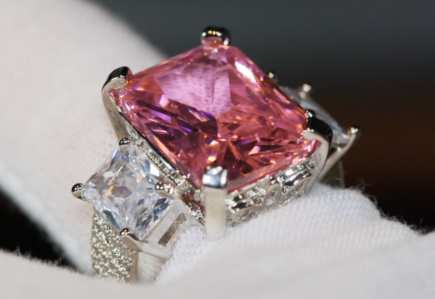 Three Stone Ring | Pink Diamond Ring | Womens Engagement Ring | Big pink diamond ring