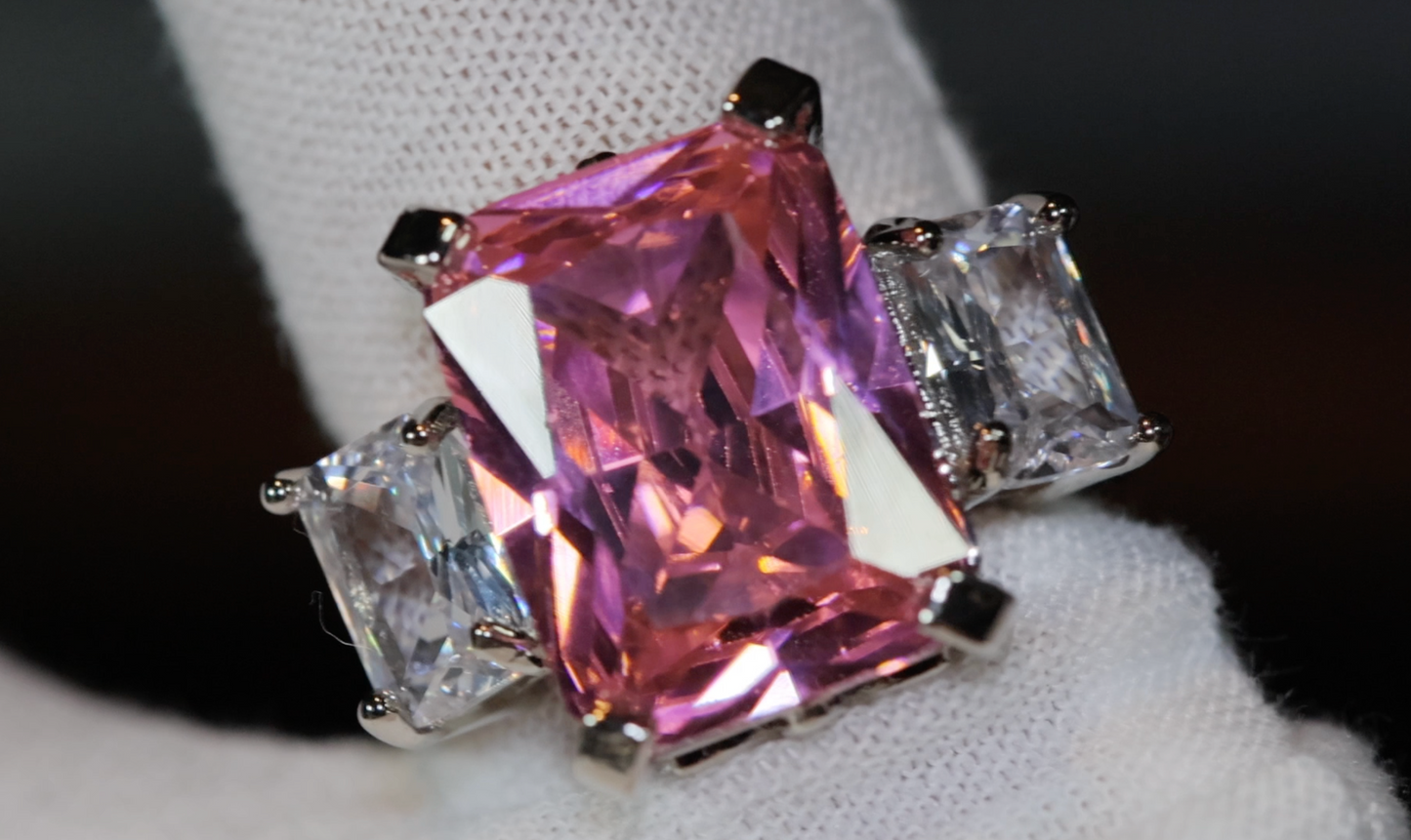 Three Stone Ring | Pink Diamond Ring | Womens Engagement Ring | Big pink diamond ring