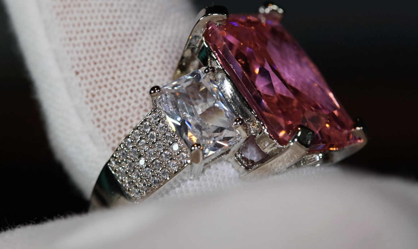 Three Stone Ring | Pink Diamond Ring | Womens Engagement Ring | Big pink diamond ring