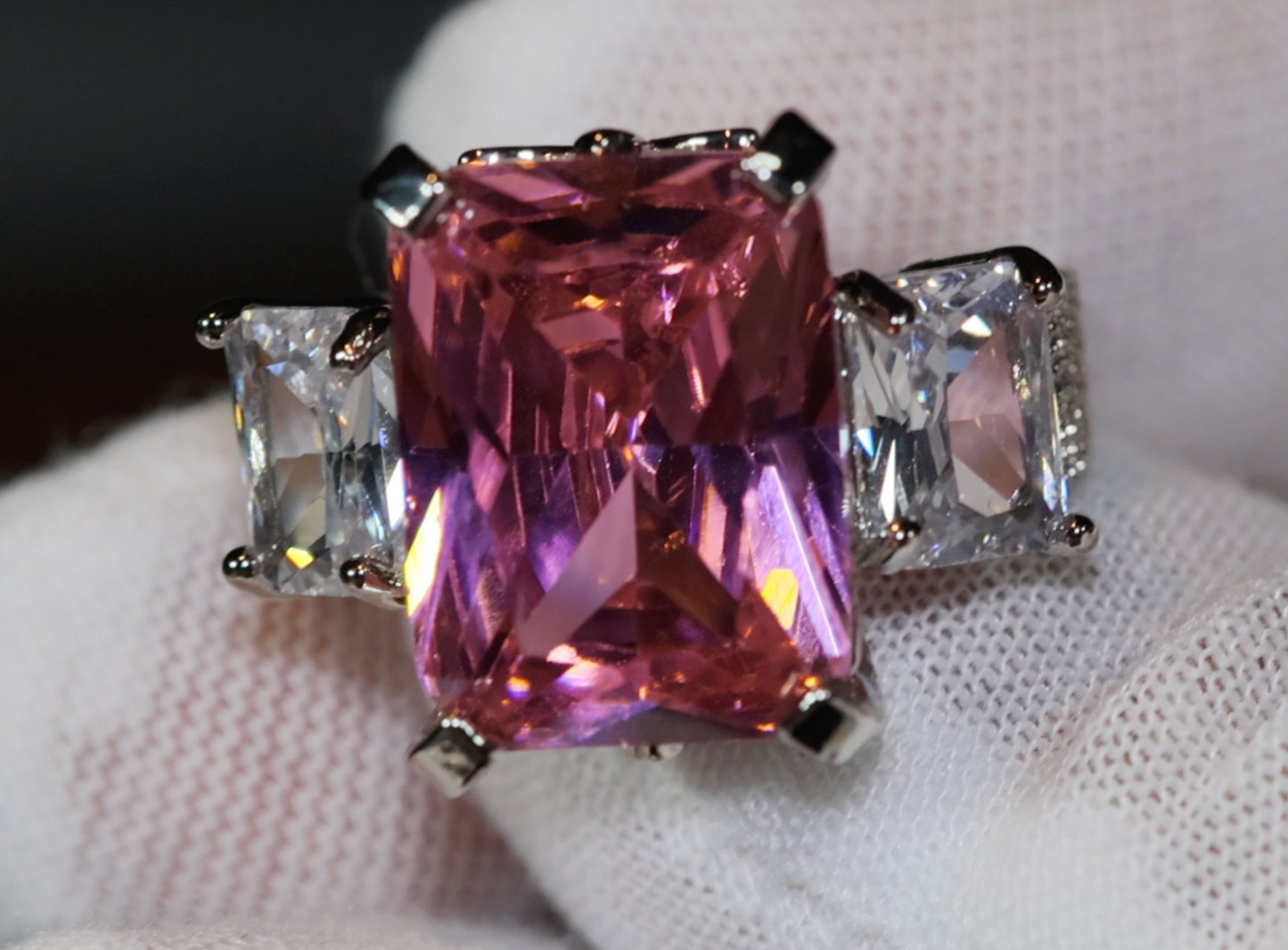 Three Stone Ring | Pink Diamond Ring | Womens Engagement Ring | Big pink diamond ring
