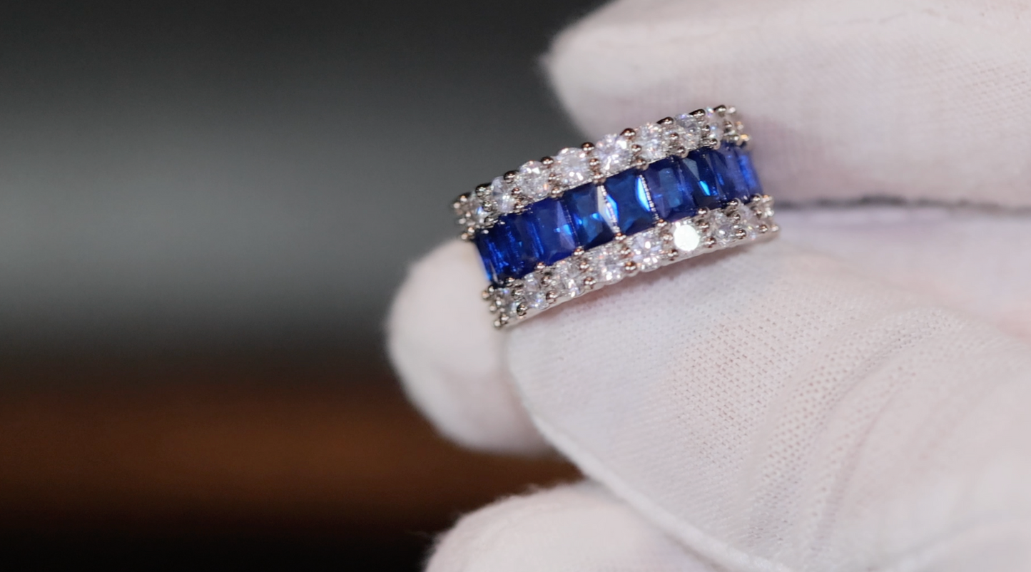 Sapphire Blue Diamond Ring | Blue Baguette Diamond Ring | Mens blue diamond eternity ring