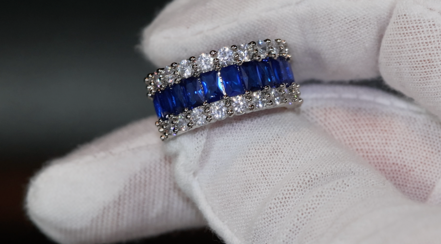 Sapphire Blue Diamond Ring | Blue Baguette Diamond Ring | Mens blue diamond eternity ring