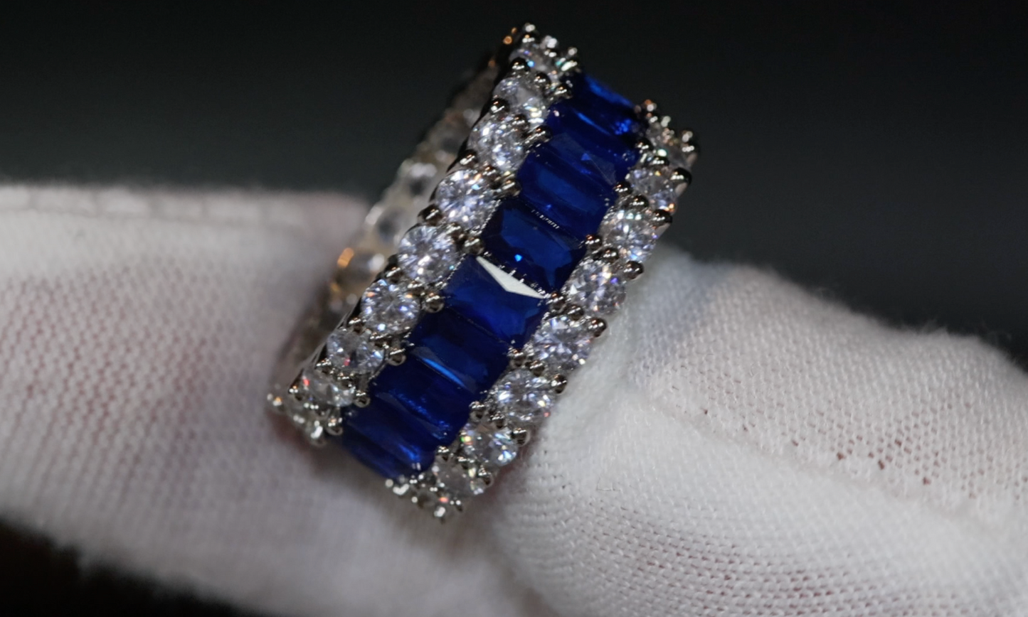 Sapphire Blue Diamond Ring | Blue Baguette Diamond Ring | Mens blue diamond eternity ring
