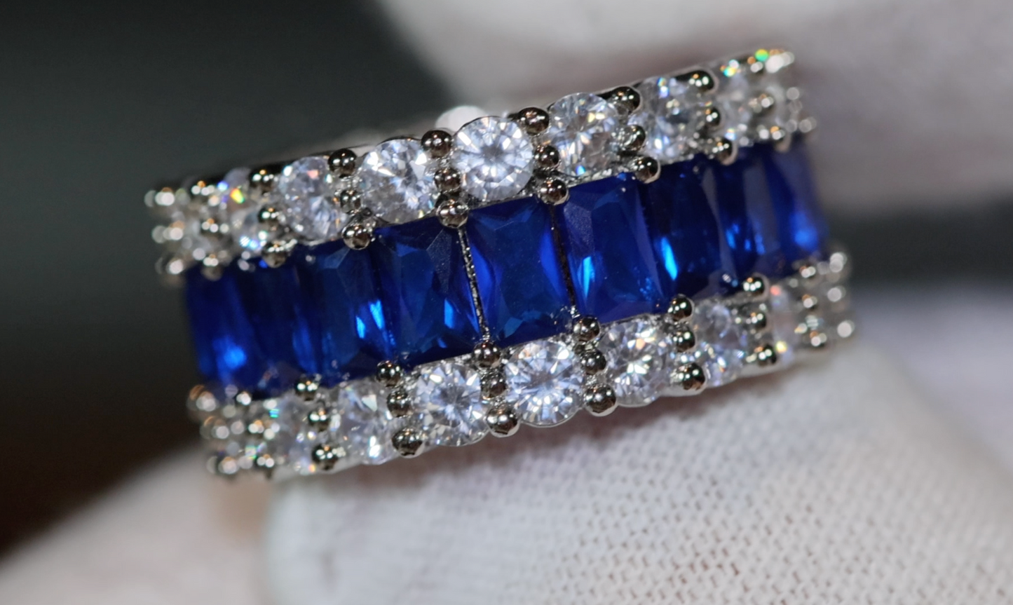 Sapphire Blue Diamond Ring | Blue Baguette Diamond Ring | Mens blue diamond eternity ring