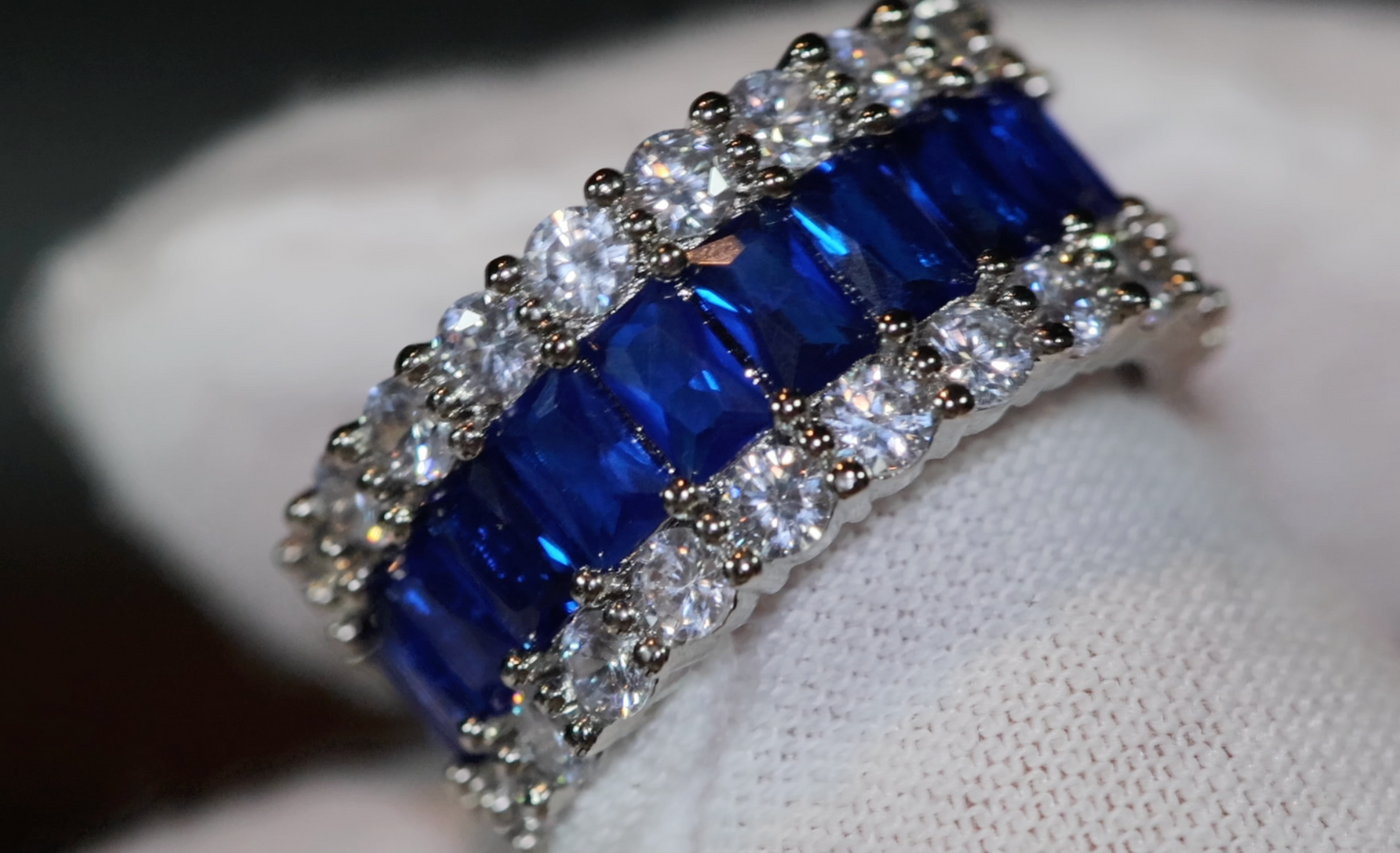 Sapphire Blue Diamond Ring | Blue Baguette Diamond Ring | Mens blue diamond eternity ring