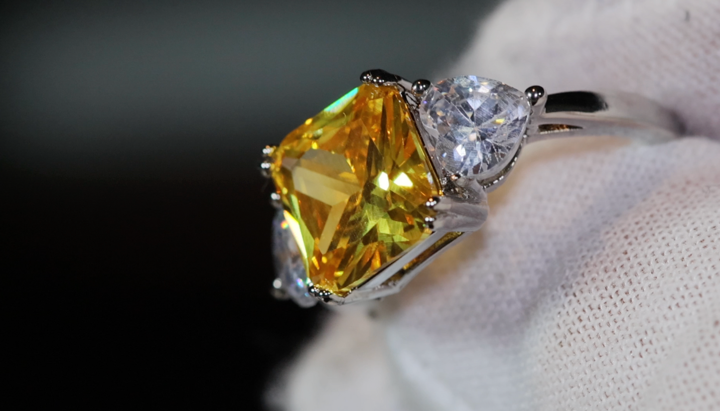 Three Stone Ring | Yellow Diamond Ring | Womens Engagement Ring | Engagement Rings | Womens Rings | Emerald Engagement Ring | Baguette Ring