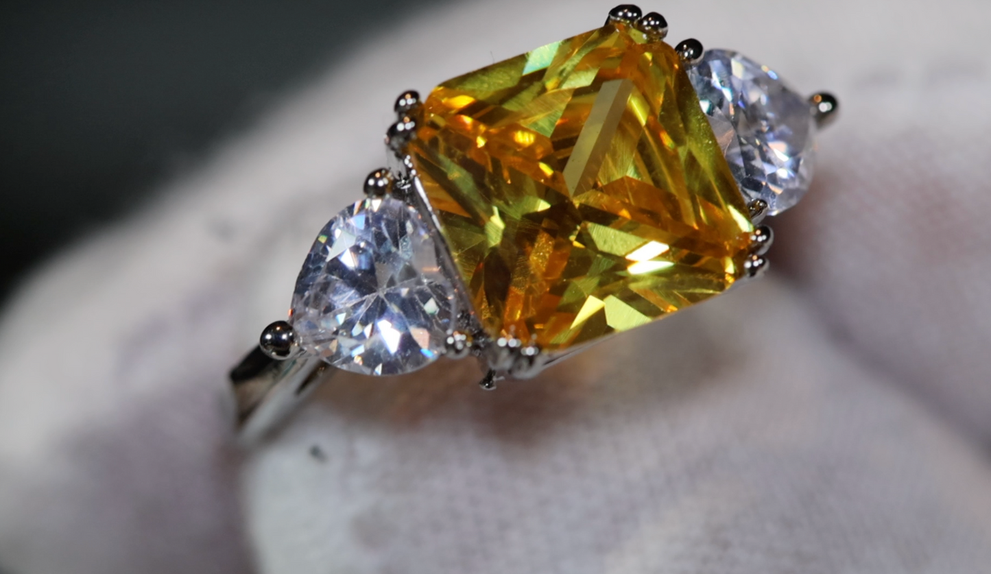 Three Stone Ring | Yellow Diamond Ring | Womens Engagement Ring | Engagement Rings | Womens Rings | Emerald Engagement Ring | Baguette Ring