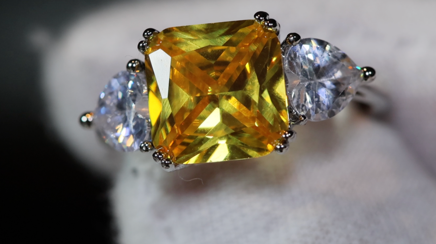 Three Stone Ring | Yellow Diamond Ring | Womens Engagement Ring | Engagement Rings | Womens Rings | Emerald Engagement Ring | Baguette Ring