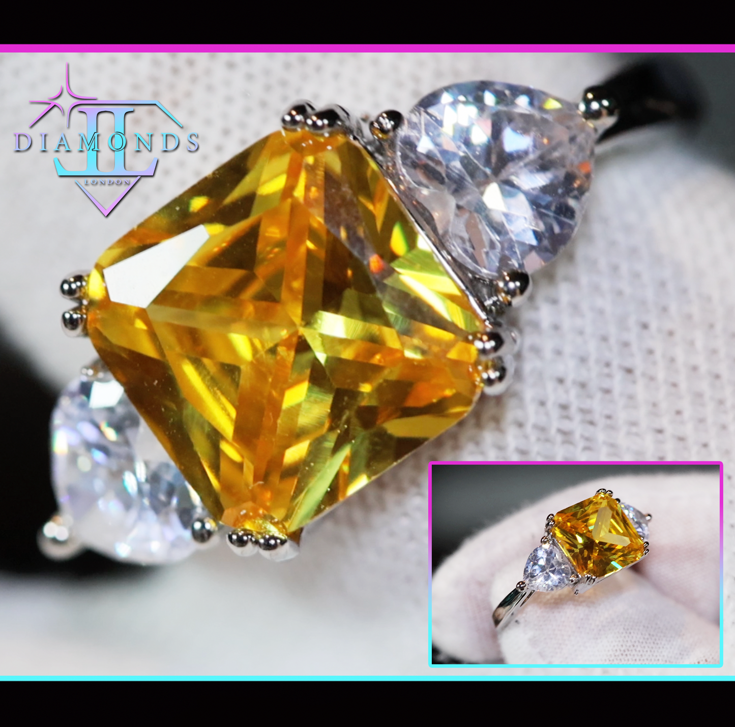 Three stone yellow diamond ring