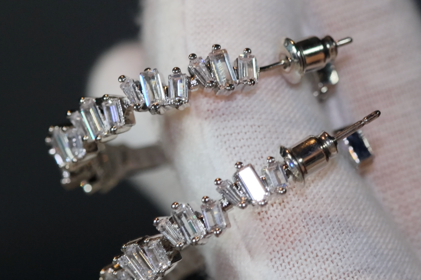 Silver Diamond Earrings | Womens Baguette Diamond Hoop Earrings