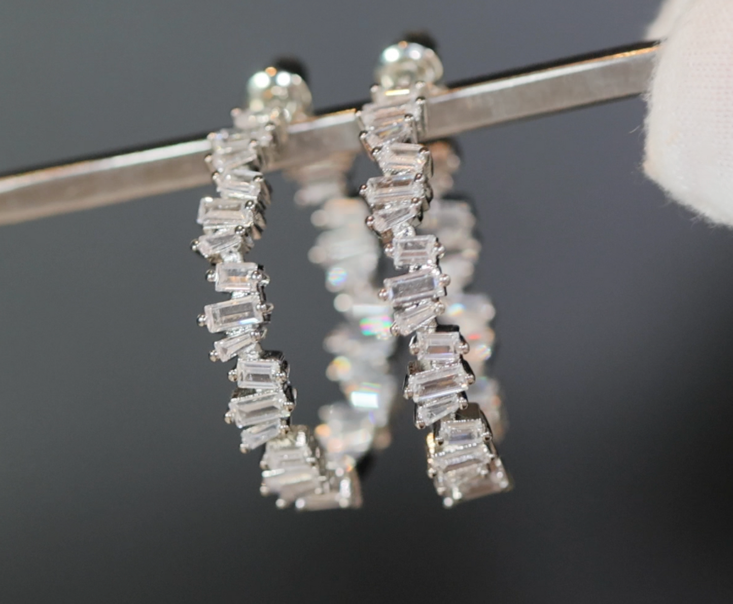 Silver Diamond Earrings | Womens Baguette Diamond Hoop Earrings