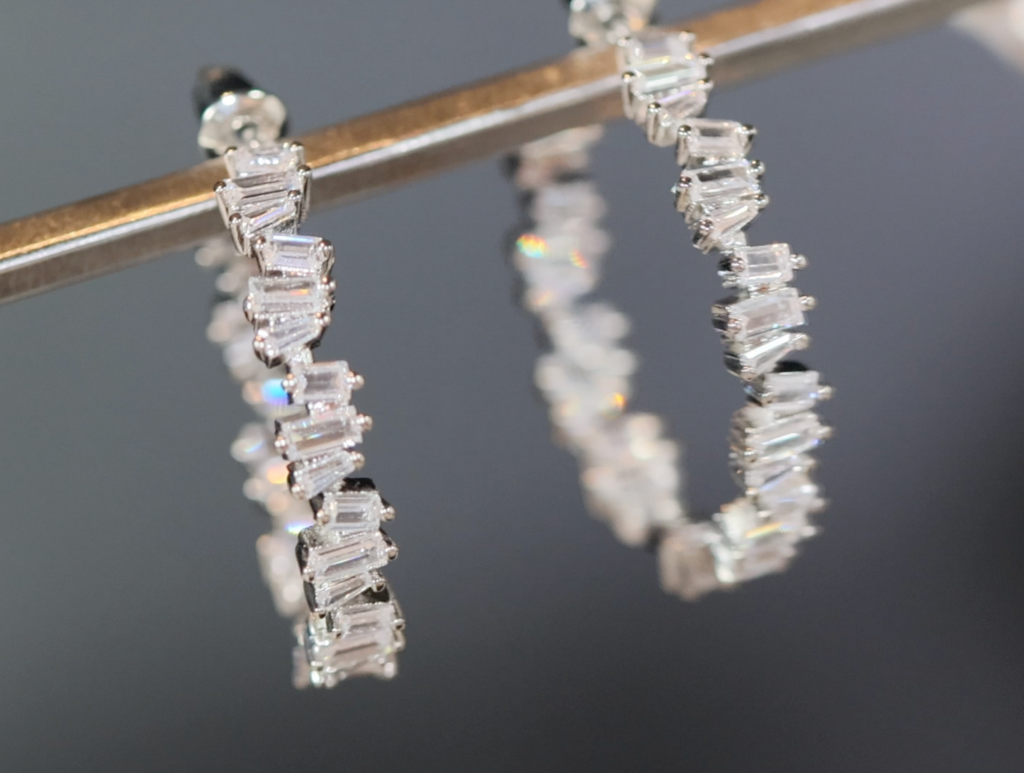 Silver Diamond Earrings | Womens Baguette Diamond Hoop Earrings