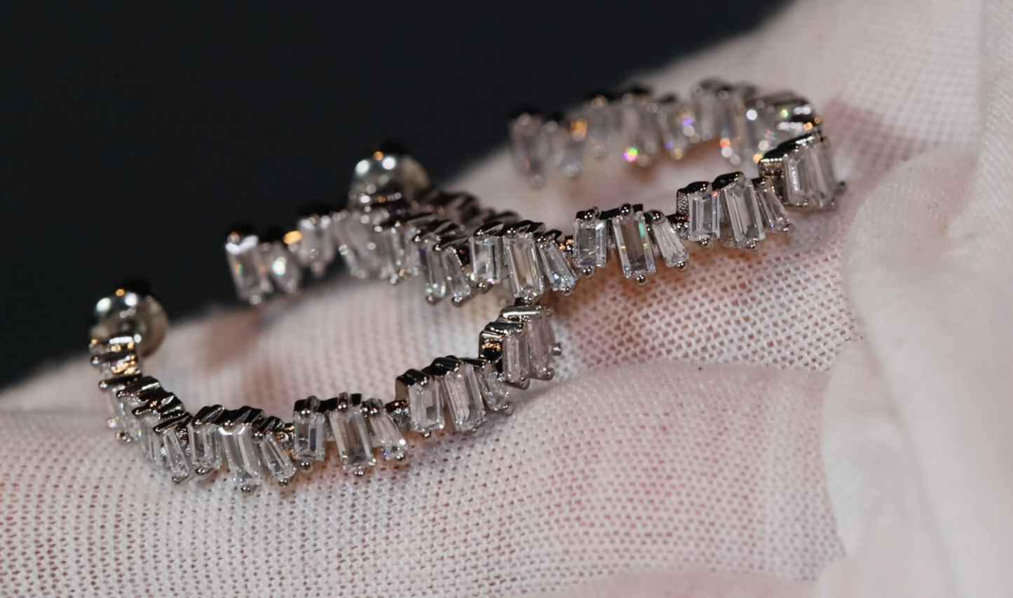 Silver Diamond Earrings | Womens Baguette Diamond Hoop Earrings