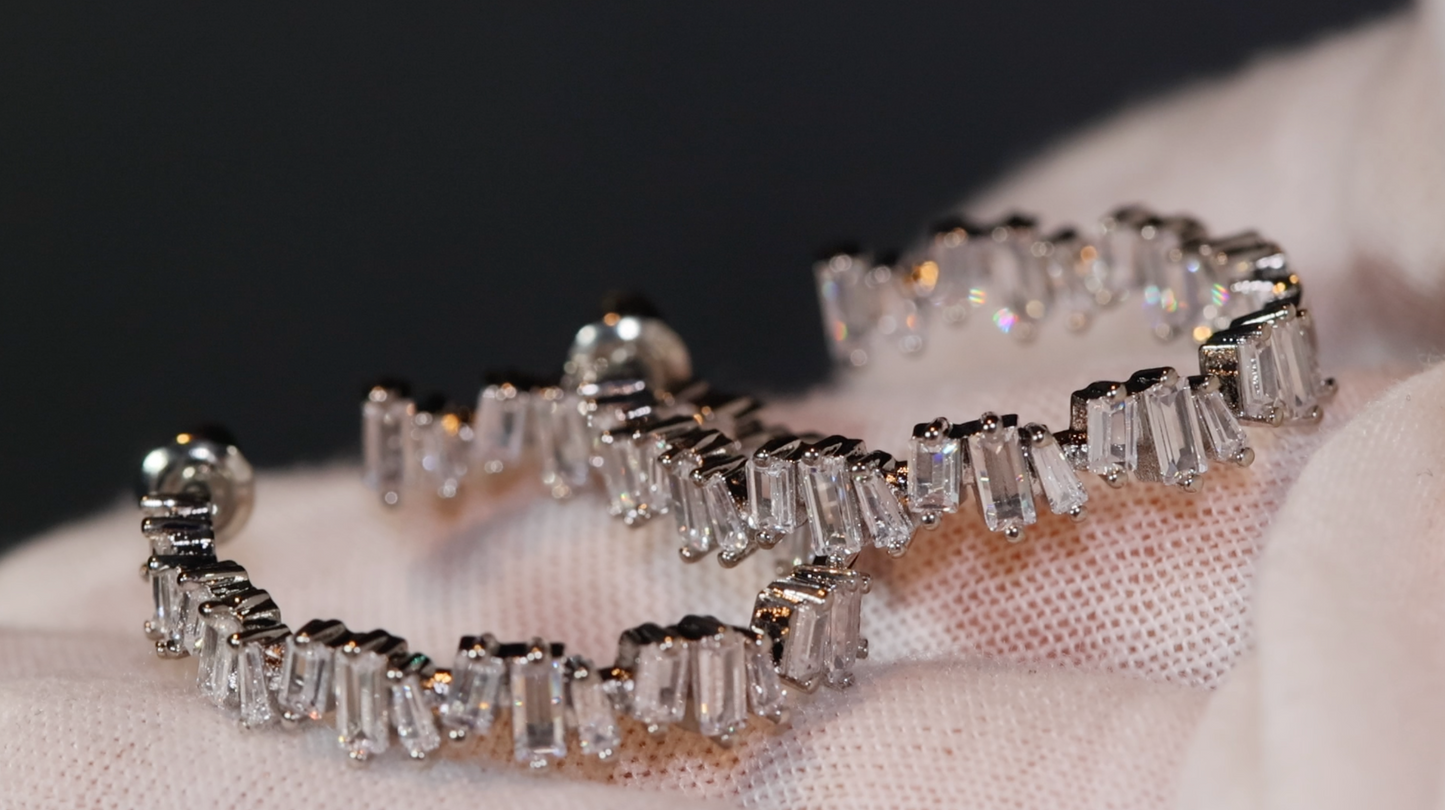 Silver Diamond Earrings | Womens Baguette Diamond Hoop Earrings