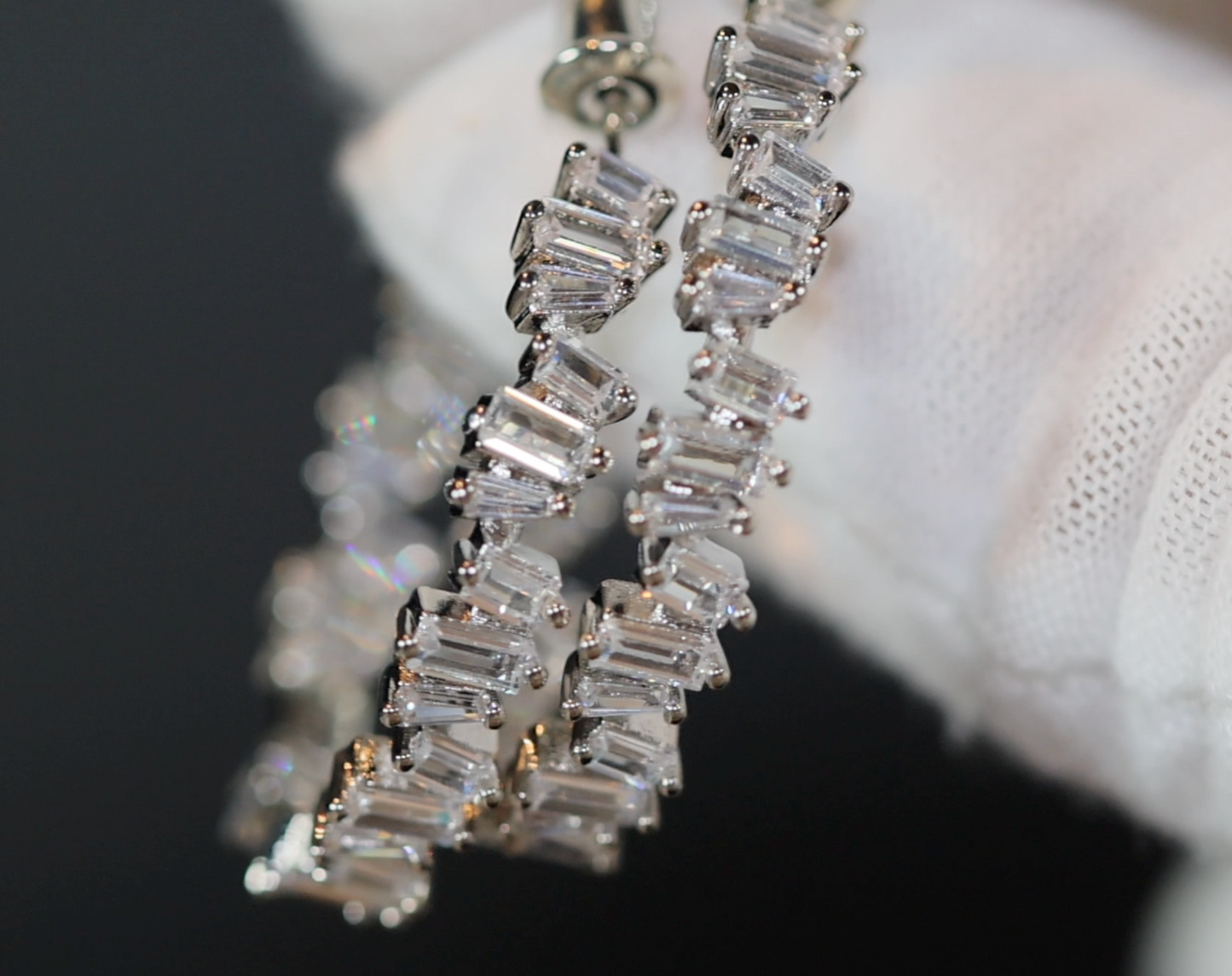 Silver Diamond Earrings | Womens Baguette Diamond Hoop Earrings