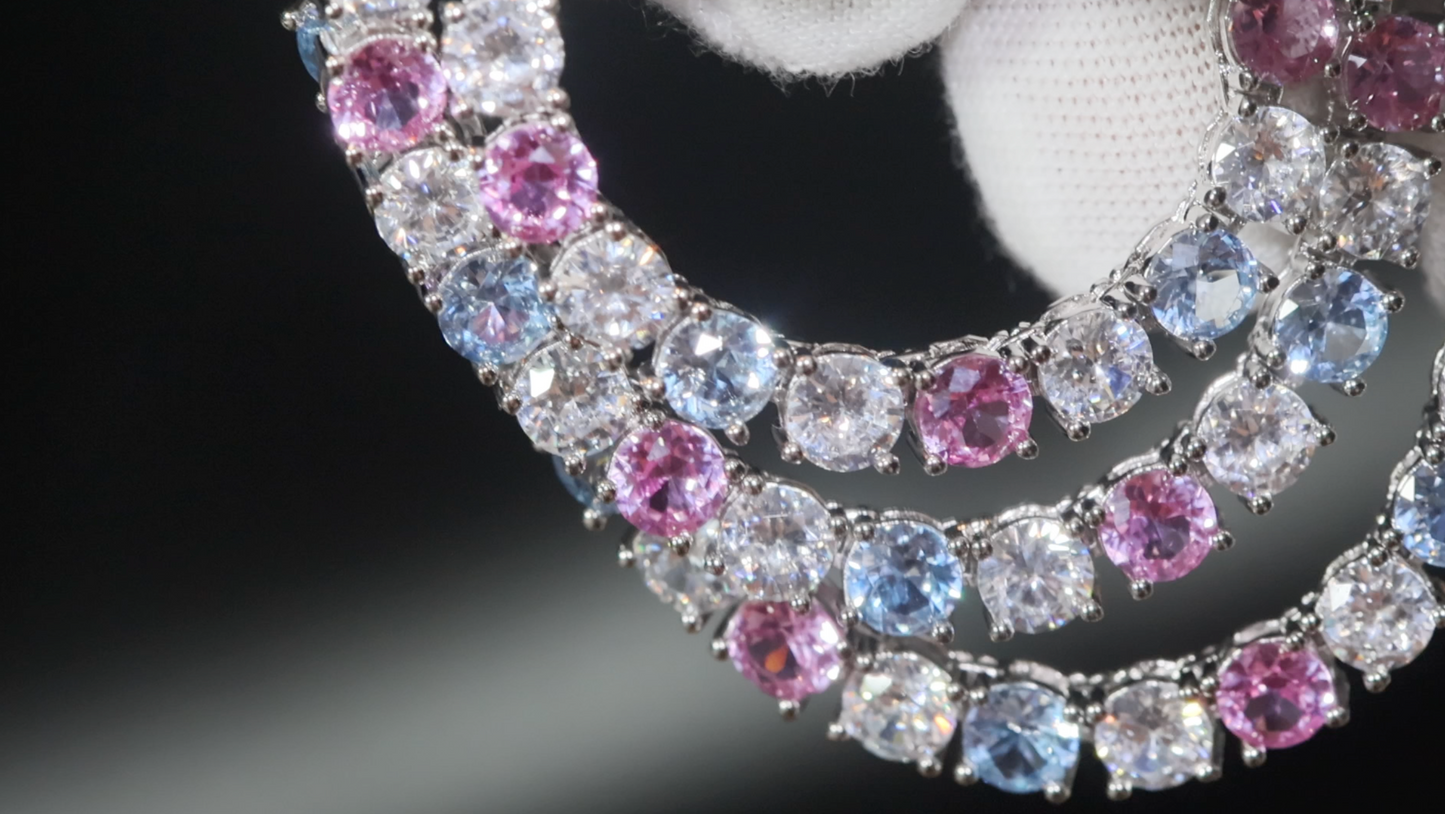 blue and pink Diamond tennis Necklace