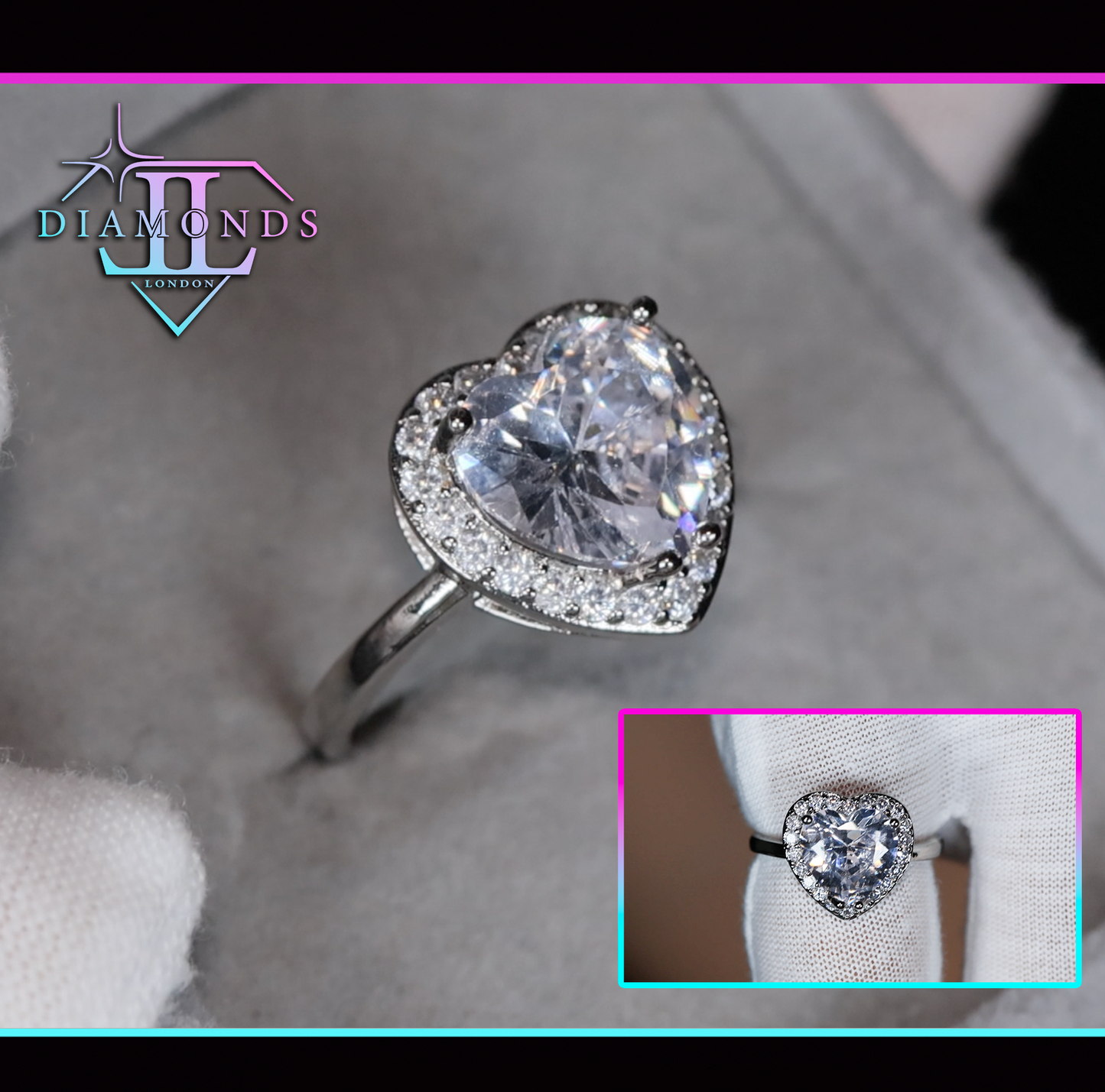 Silver heart cut diamond ring