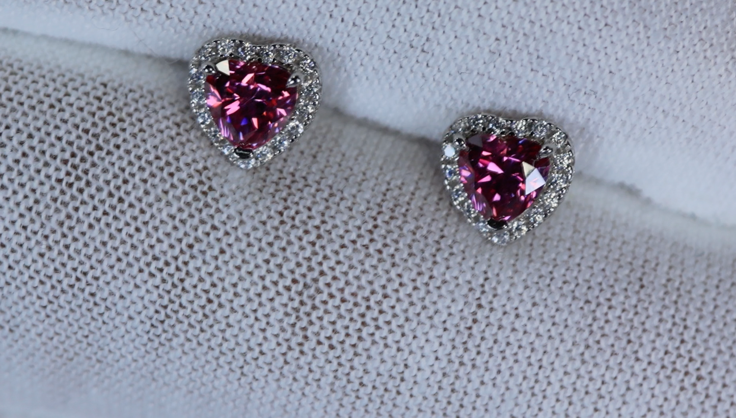 Pink Moissanite Diamond Heart Ear Studs