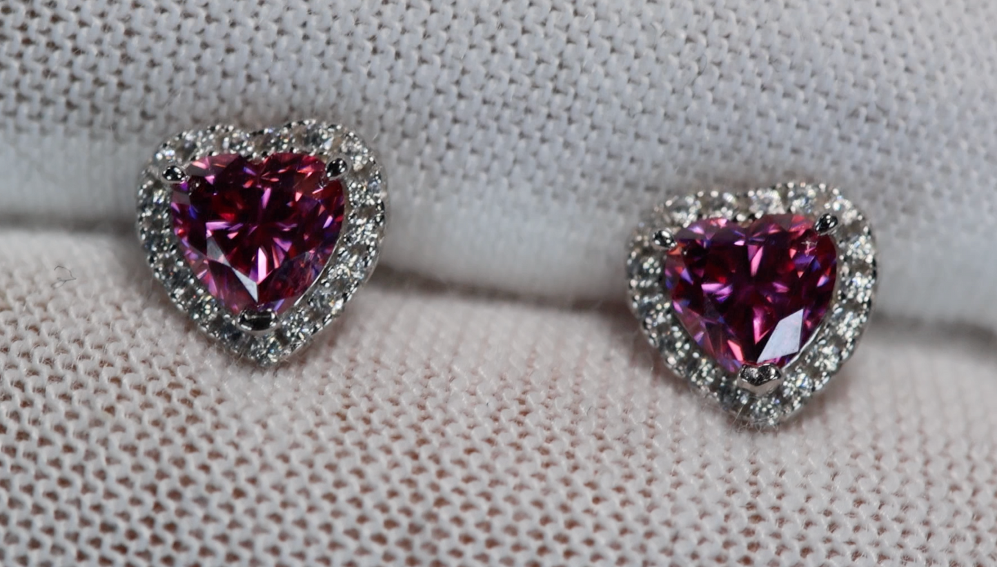 Pink Moissanite Diamond Heart Ear Studs
