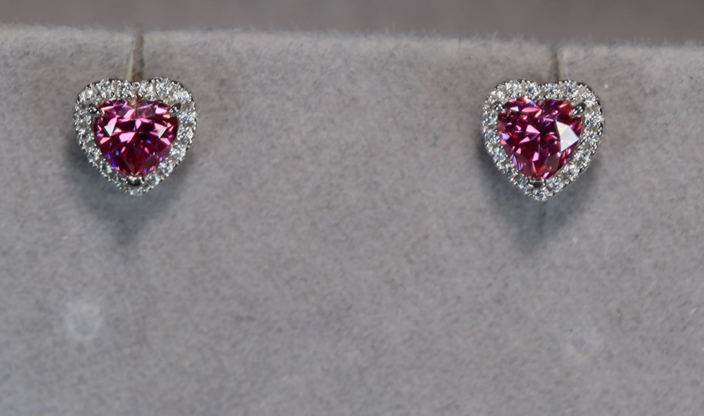 Pink Moissanite Diamond Heart Ear Studs