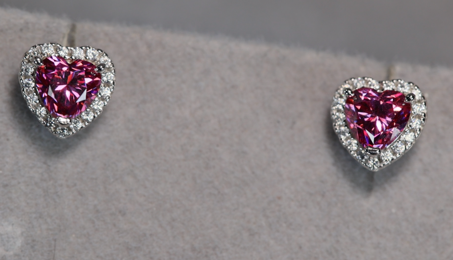 Pink Moissanite Diamond Heart Ear Studs