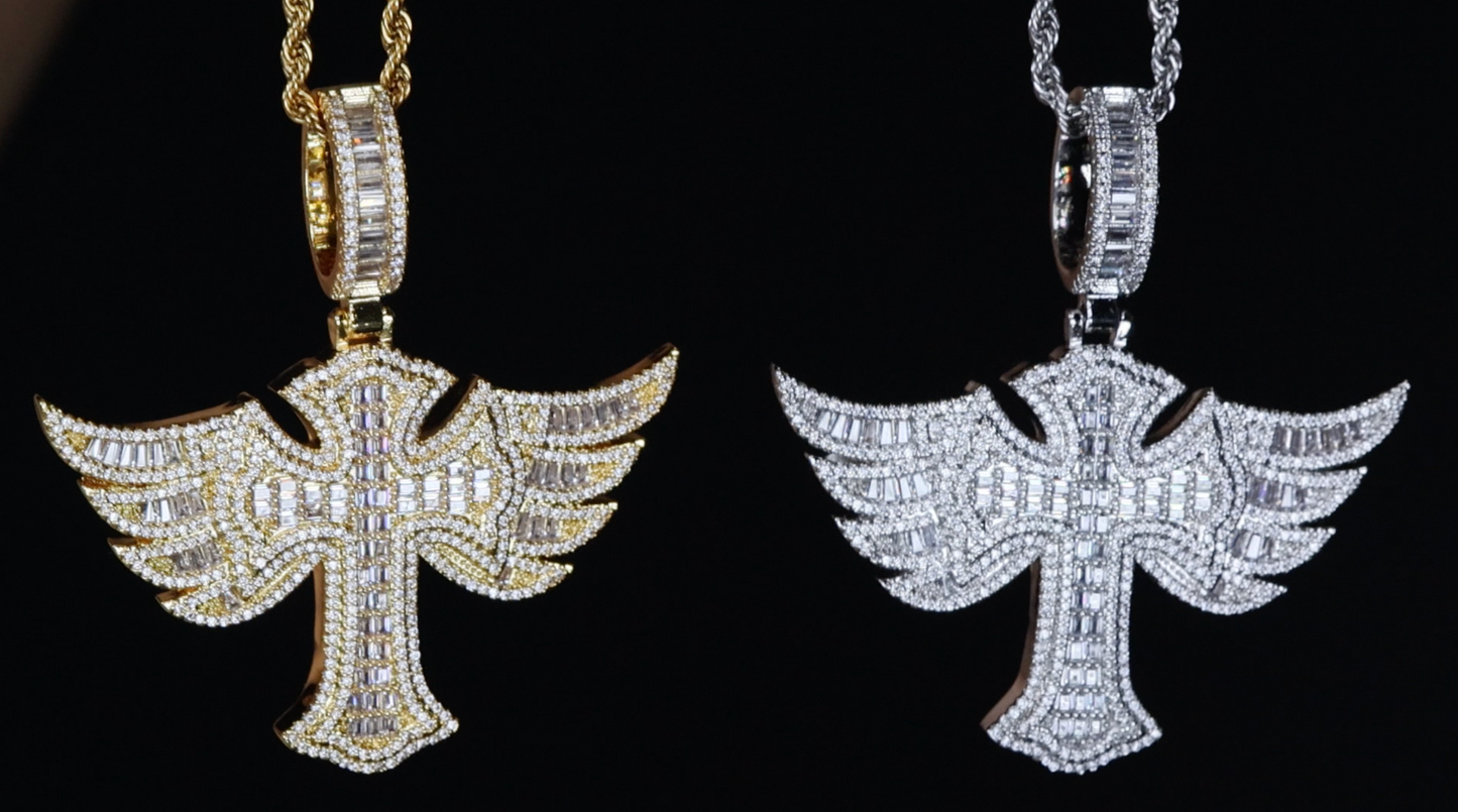 Iced Out Cross Pendant | Hip Hop Cross Pendant | Winged Cross Pendant