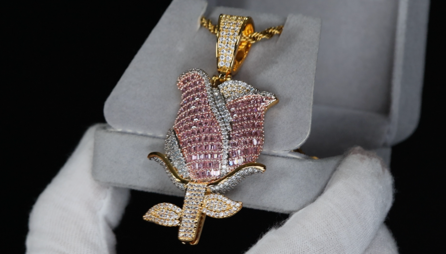 Pink Rose Pendant | Rose Flower Pendant | Diamond Flower Pendant