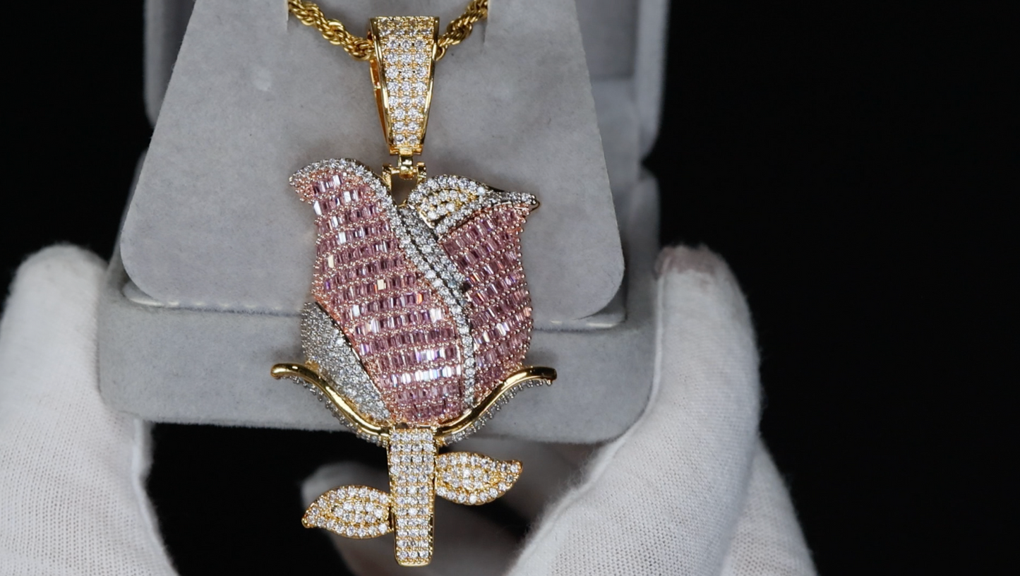Pink Rose Pendant | Rose Flower Pendant | Diamond Flower Pendant