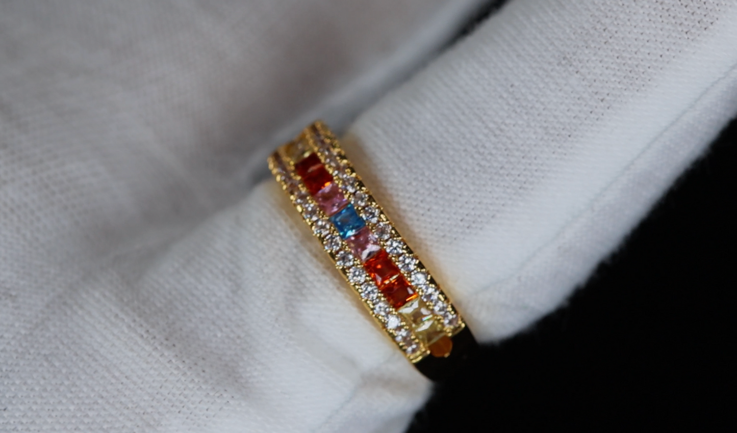 Rainbow Diamond Ring | Colourful Diamond Rings | Gold Multi Coloured Diamond Ring