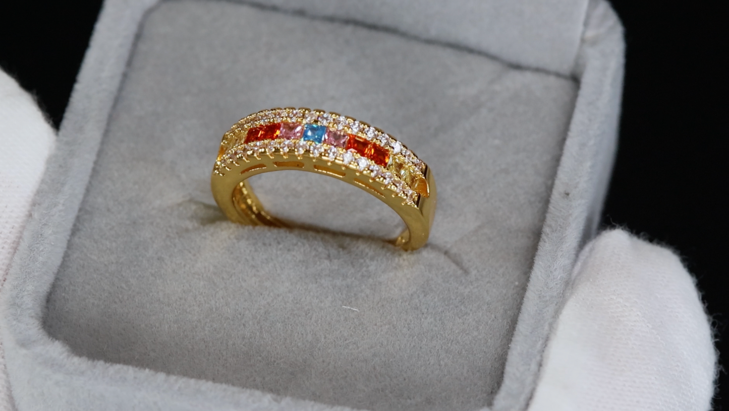 Rainbow Diamond Ring | Colourful Diamond Rings | Gold Multi Coloured Diamond Ring
