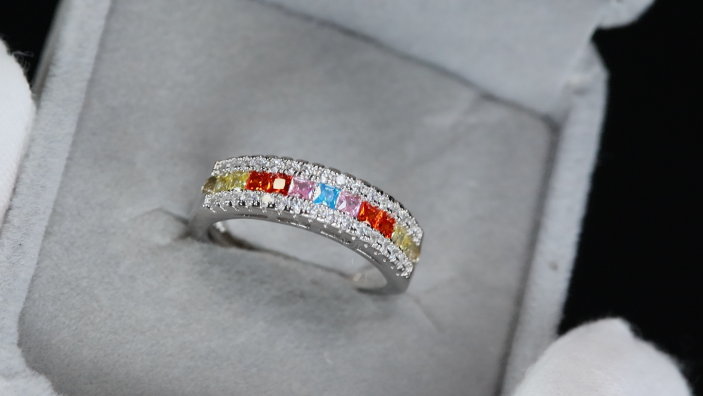 Rainbow Diamond Ring | Colourful Diamond Rings | Womens Multi Coloured Diamond Ring